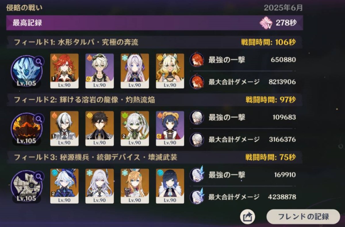 【原神】幽境のフレンド記録見ると、2凸しててもハードで終わってたりしてて目的はそれぞれなんだなぁと。