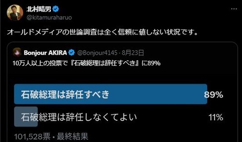 日本保守党・北村晴夫議員「オールドメディアの世論調査は信用できない！ネットでは89％が石破の辞任を求めてる！」