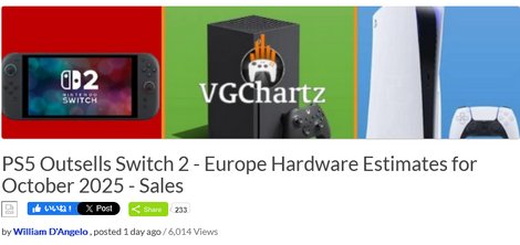 10月欧州ハード売上　Switch２失速PS5にダブルスコアで敗れる