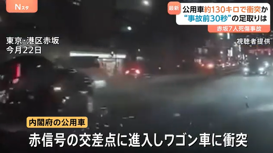東京・赤坂7人死傷事故　内閣府公用車は事故時に約130キロで走行か　ブレーキかけずアクセル全開　車両を実況見分し公用車に不具合なし