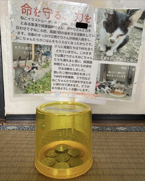 【猫イラストレーター】保護猫募金「10円玉や1円玉が多く財布を軽くする目的で入れてる方も多かったです」→大炎上