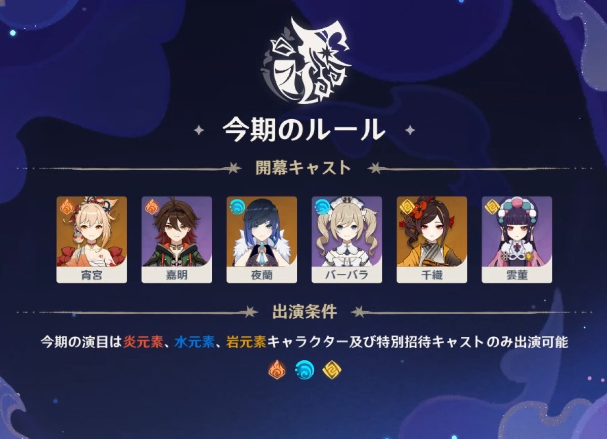 【原神】幻想シアターが本日更新！今期は炎・水・岩元素だが簡単？ムズい？